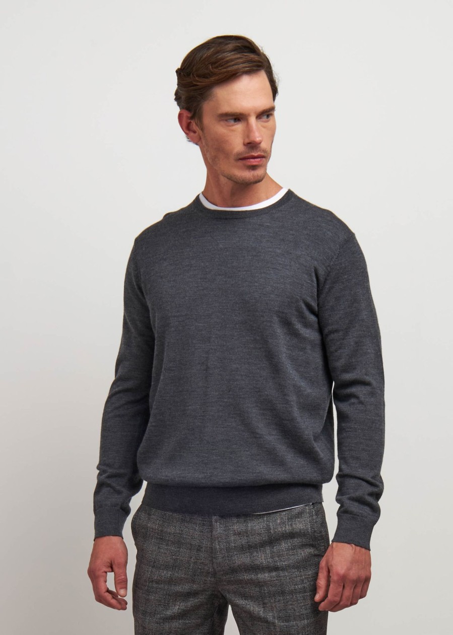 Uomo Conbipel Maglieria | Girocollo In Puro Merino Grigio Scuro Melange