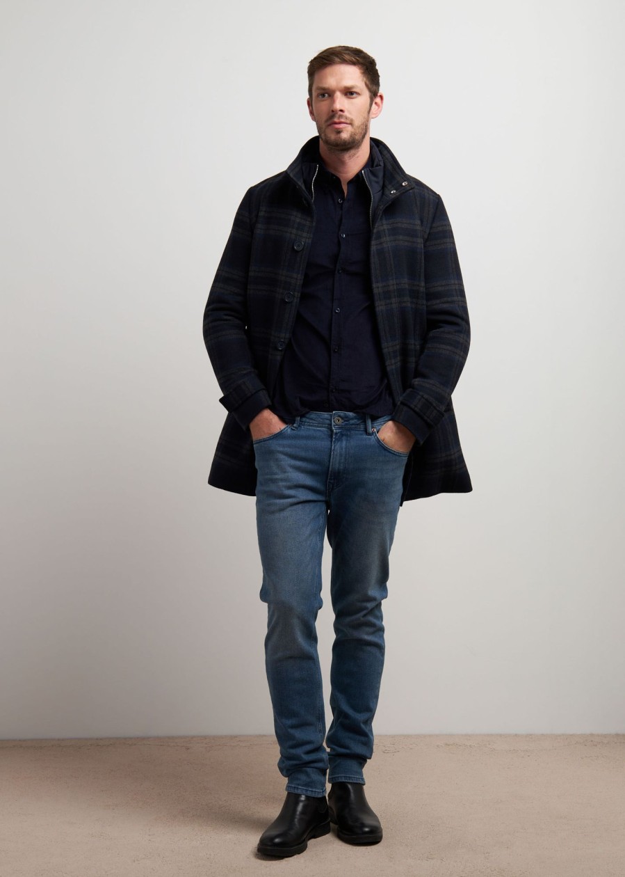 Uomo Conbipel Cappotti | Cappotto Check In Lana Blu Scuro