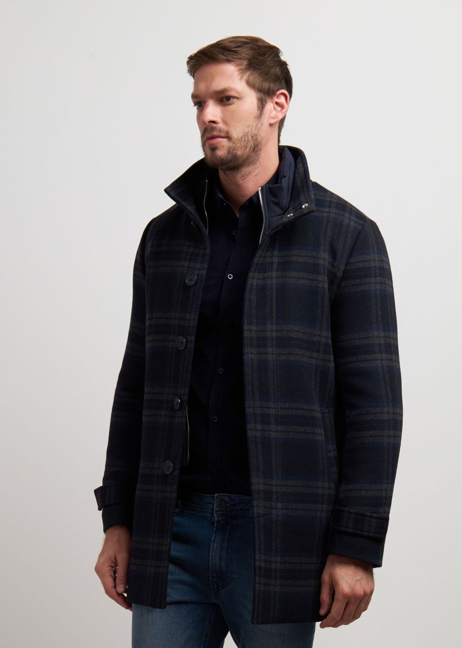 Uomo Conbipel Cappotti | Cappotto Check In Lana Blu Scuro