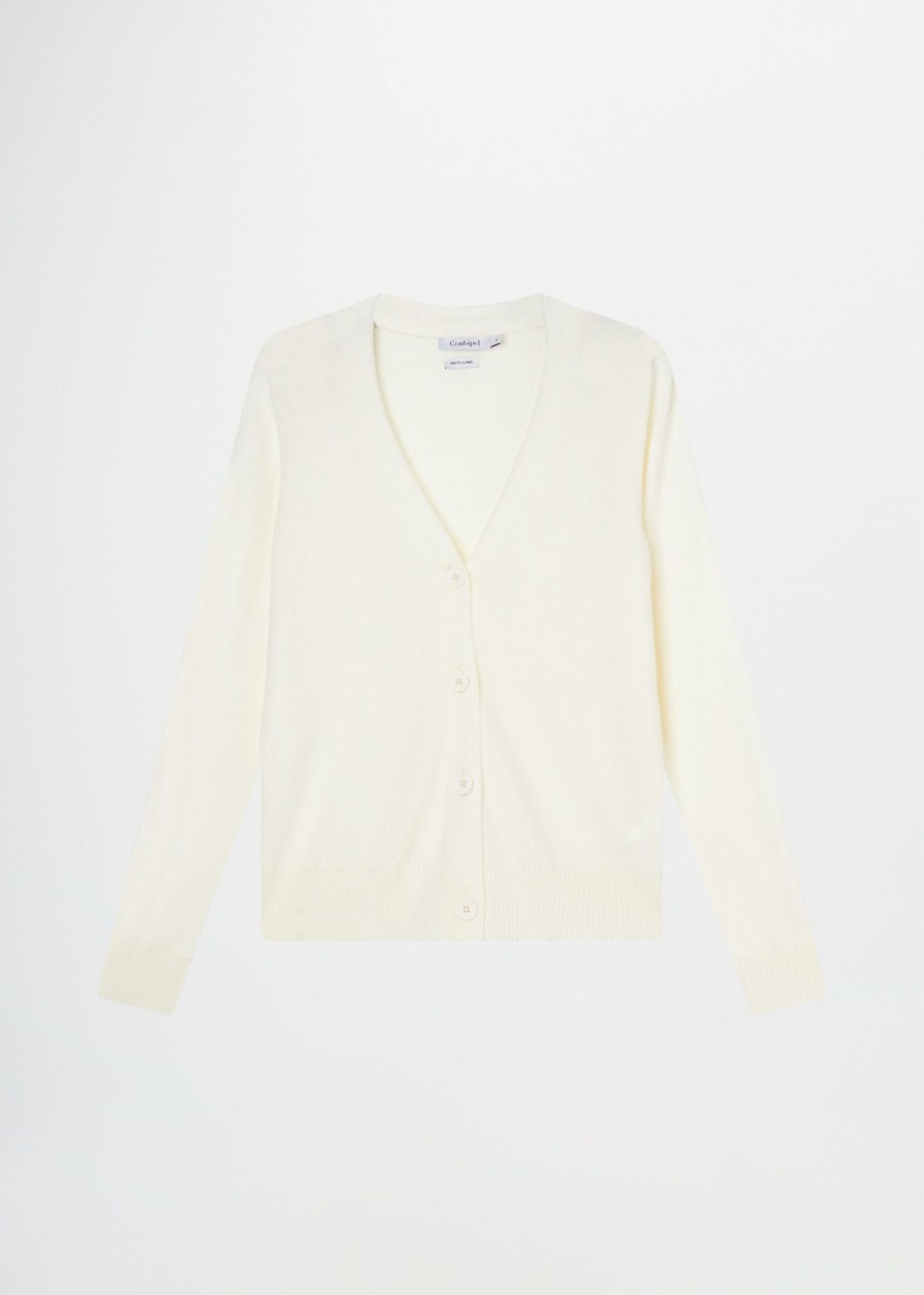 Donna Conbipel Maglieria | Cardigan Con Scollo A V Bianco Lana