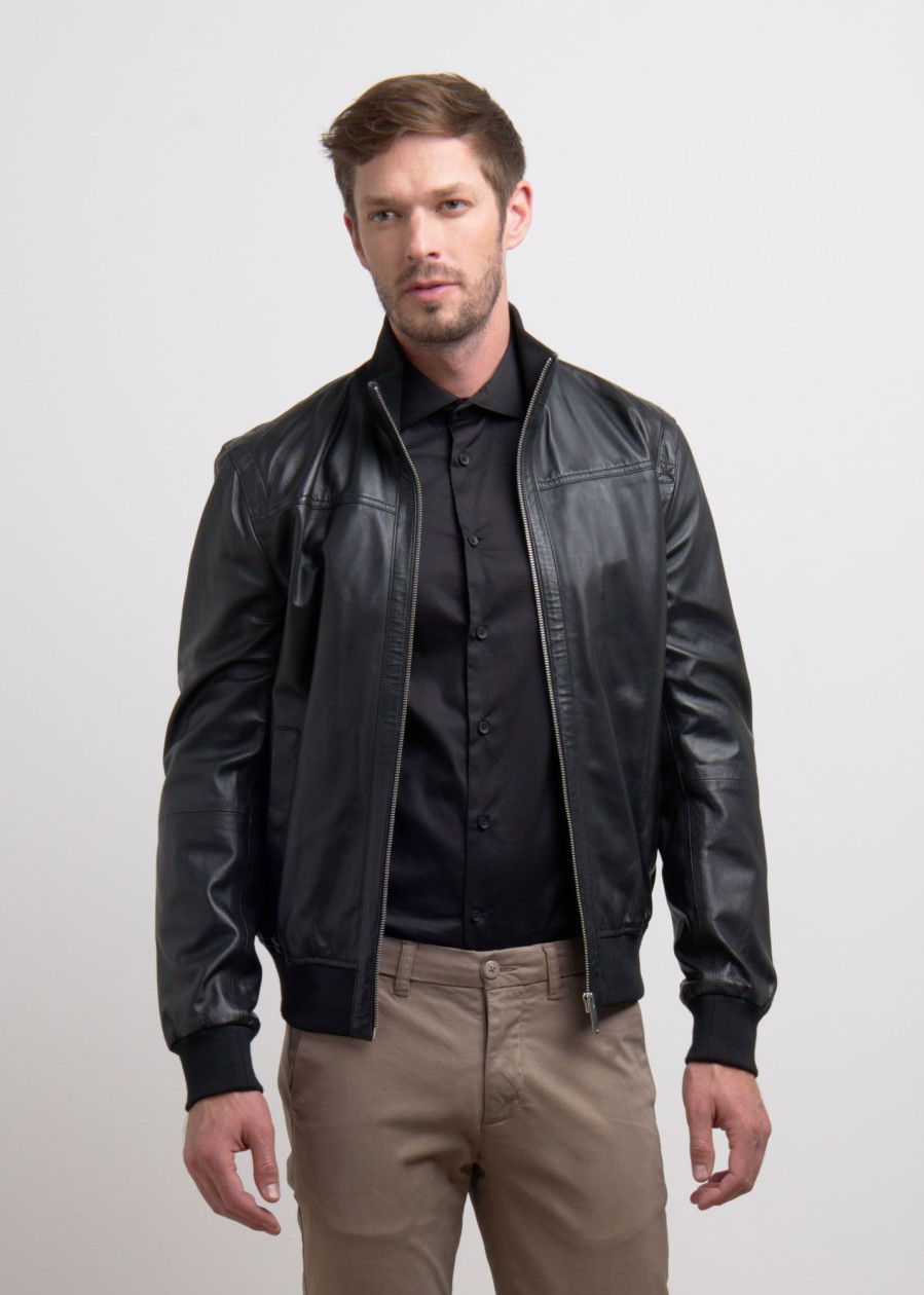 Uomo Conbipel Giacche | Bomber In Vera Pelle Nero