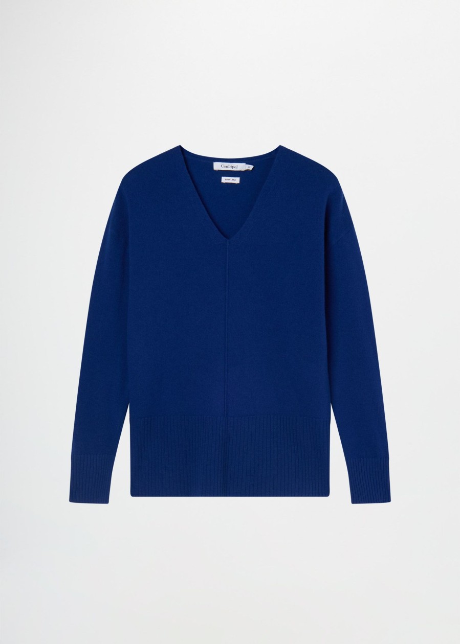 Donna Conbipel Maglieria | Pullover A V In Pura Lana Blu Chiaro