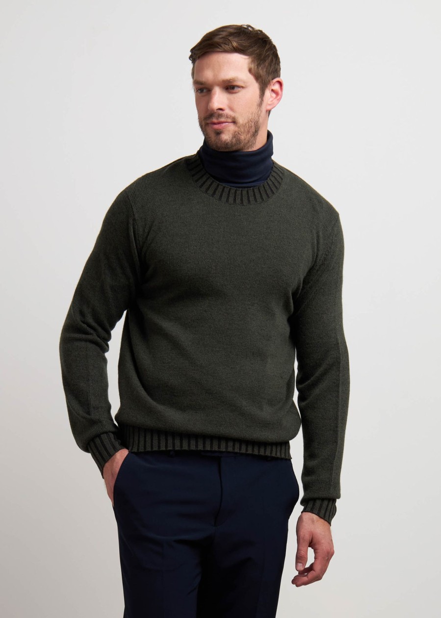 Uomo Conbipel Maglieria | Girocollo In Lambswool Verde Militare