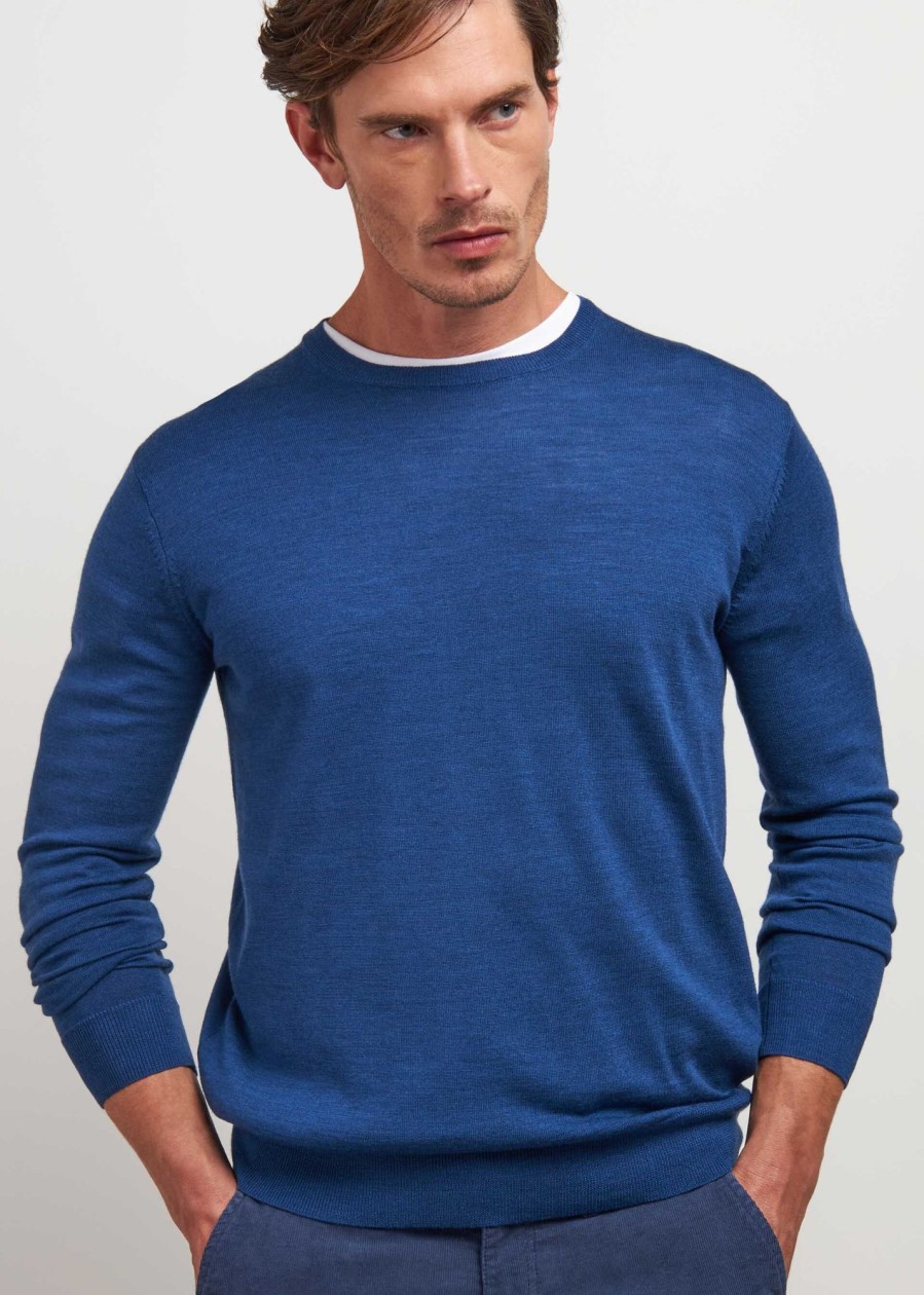 Uomo Conbipel Maglieria | Girocollo In Puro Merino Bluette