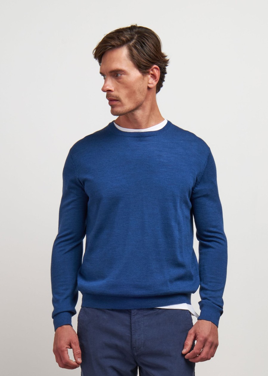 Uomo Conbipel Maglieria | Girocollo In Puro Merino Bluette