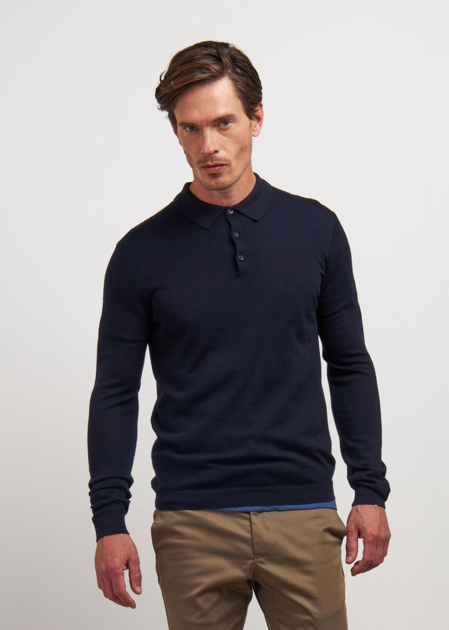 Uomo Conbipel Maglieria | Polo In Merino Extra Fine Blu Scuro