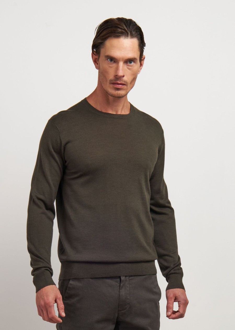 Uomo Conbipel Maglieria | Girocollo In Puro Merino Verde Militare