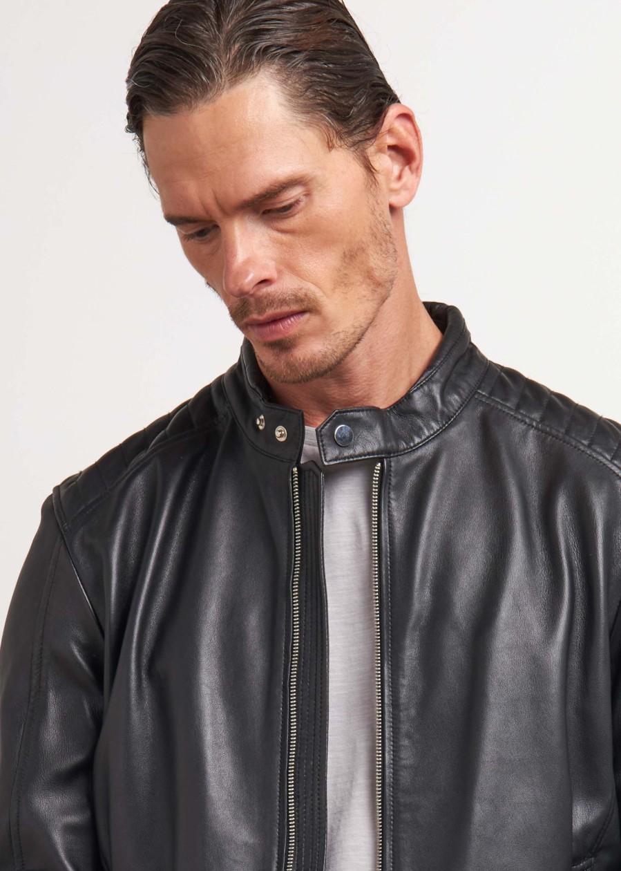 Uomo Conbipel Giacche | Biker In Vera Pelle Nero