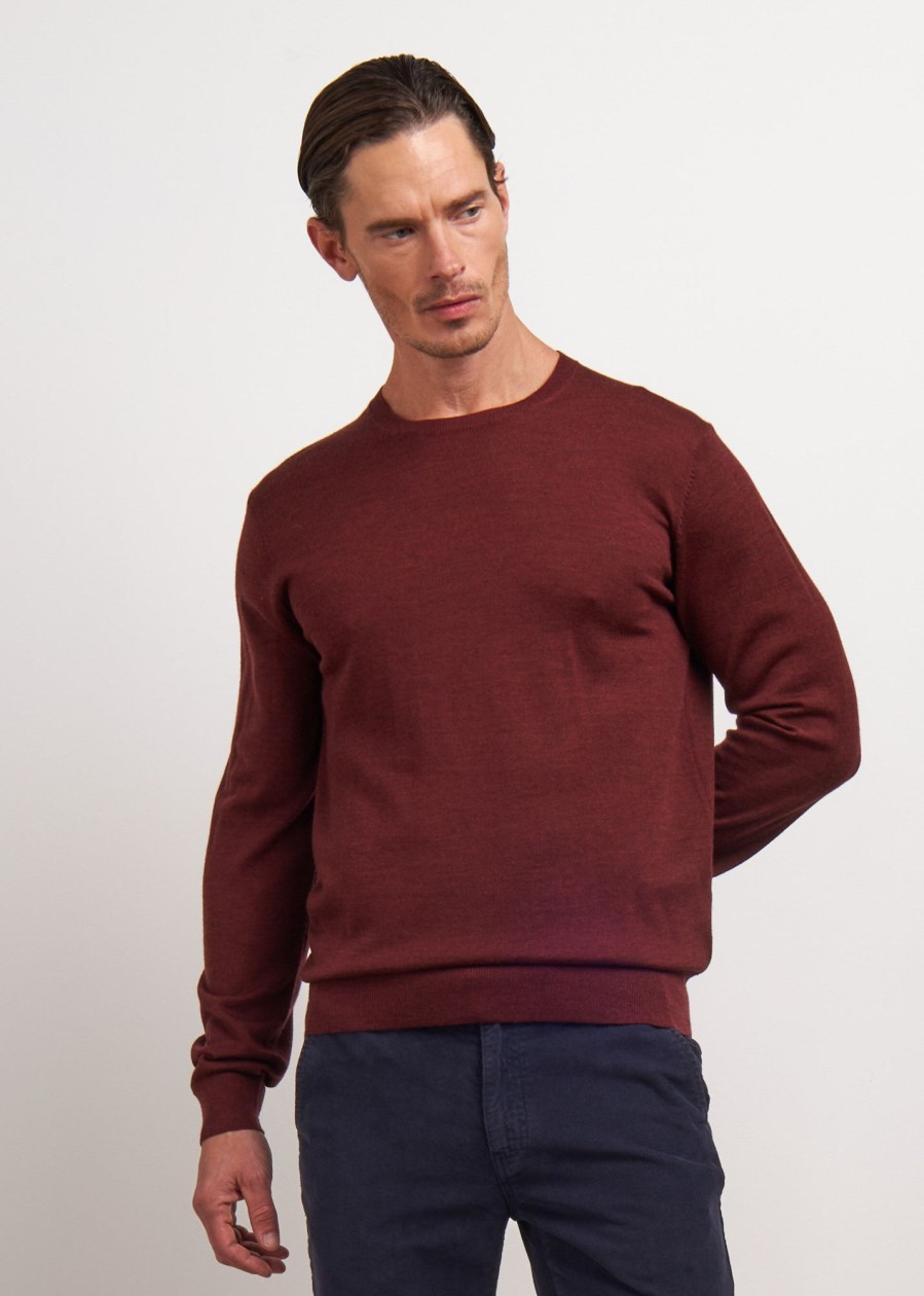 Uomo Conbipel Maglieria | Girocollo In Puro Merino Bordeaux