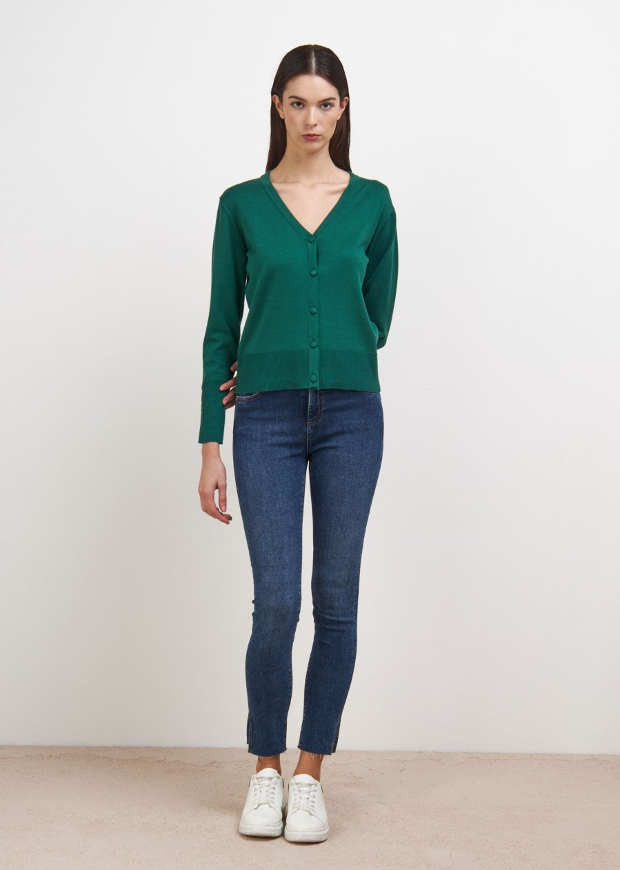 Donna Conbipel Maglieria | Cardigan Scollo A V Verde Scuro