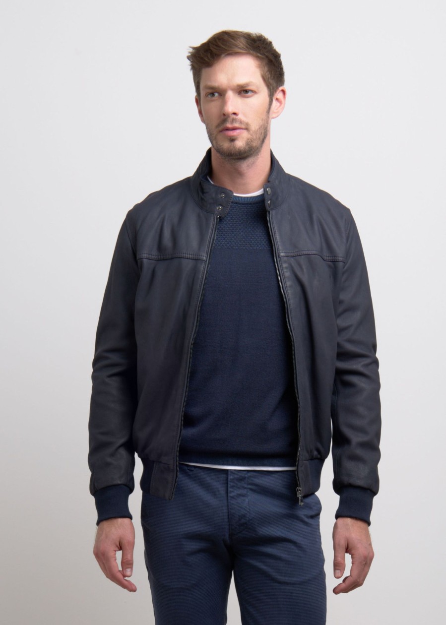 Uomo Conbipel Giacche | Bomber In Vera Pelle Blu Scuro